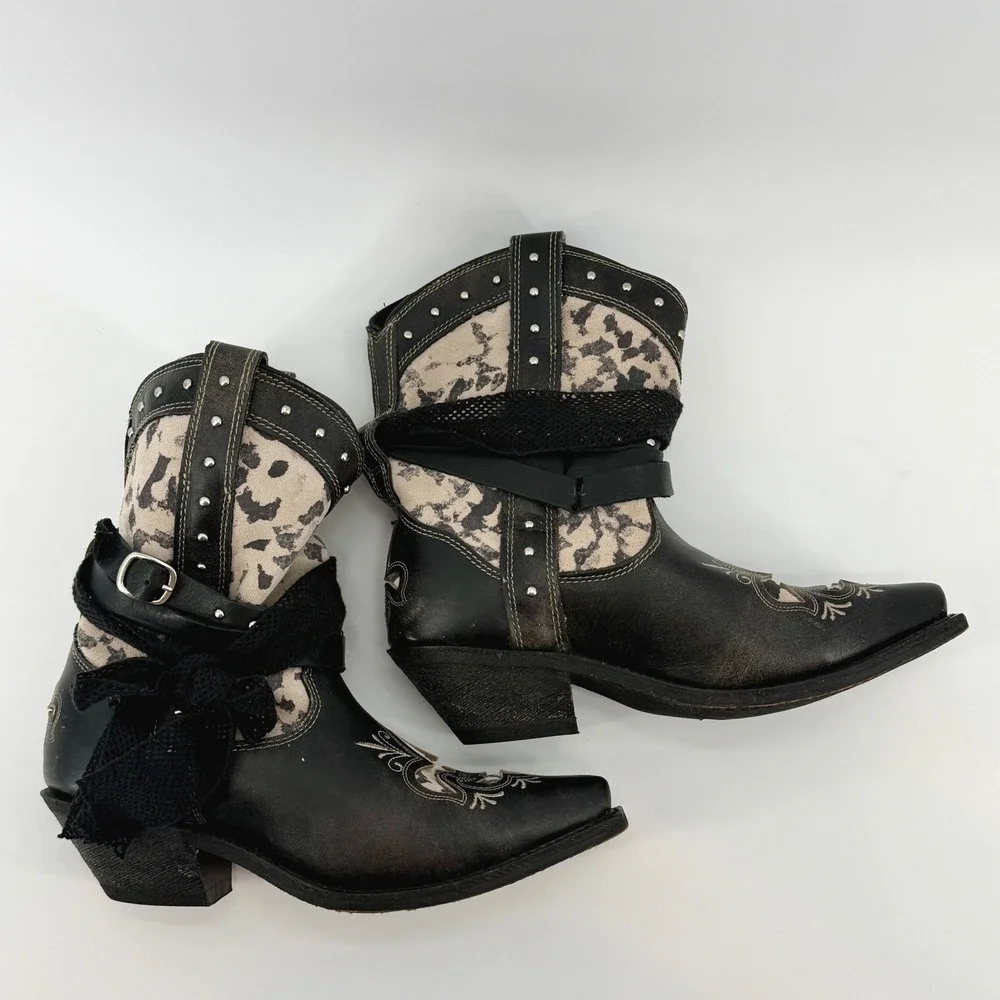 Rockin Country RC5006 Black Leather Studded Bow Western Boots 7.5M Rodeo Cowgirl